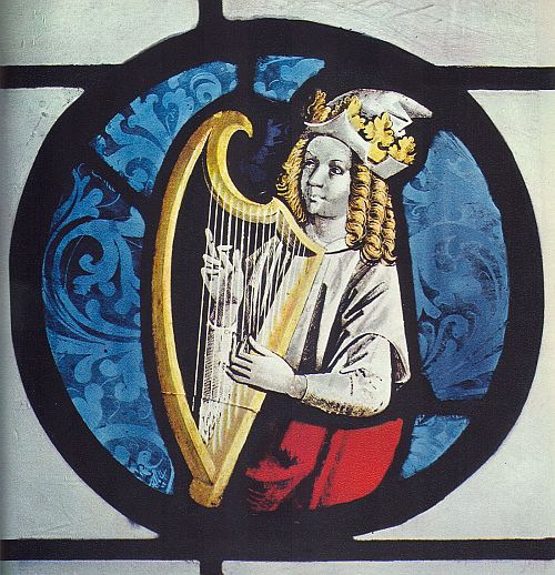 King David playing the harp. Stained glass by P. von Andlau - late 15th century. Wurtemburg museum at Stuttgart